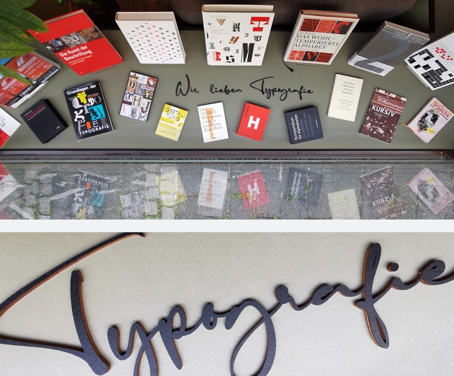 Im Schaufenster unseres Ladenbüros in der Neustadt finden Sie eine kleine Ausstellung unserer Lieblingsbücher zum Thema Typografie